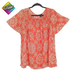 Torrid Women's Top Red Boho Floral Print Rayon Size 2 Plus Smocked Detail